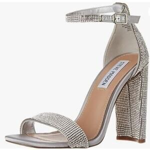 Steve Madden Franky Spark Silver Bedazzled Crystal Open Toe Strap Heels Size 9.5